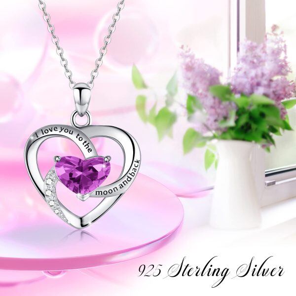 Sterling Silver Love Purple Heart Pendant Necklace with February Birthstone-5