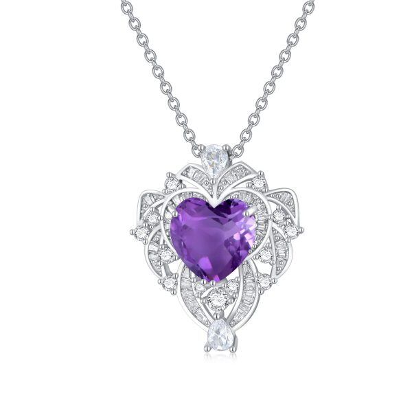 Sterling Silver 9.5MM Heart Shaped Amethyst Pendant Necklace-0