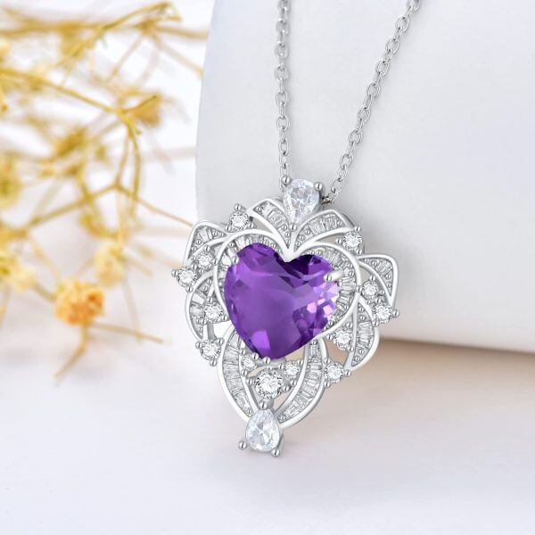 Sterling Silver 9.5MM Heart Shaped Amethyst Pendant Necklace-3