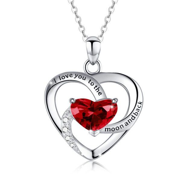 Sterling Silver Love Red Heart Pendant Necklace with January Birthstone-0