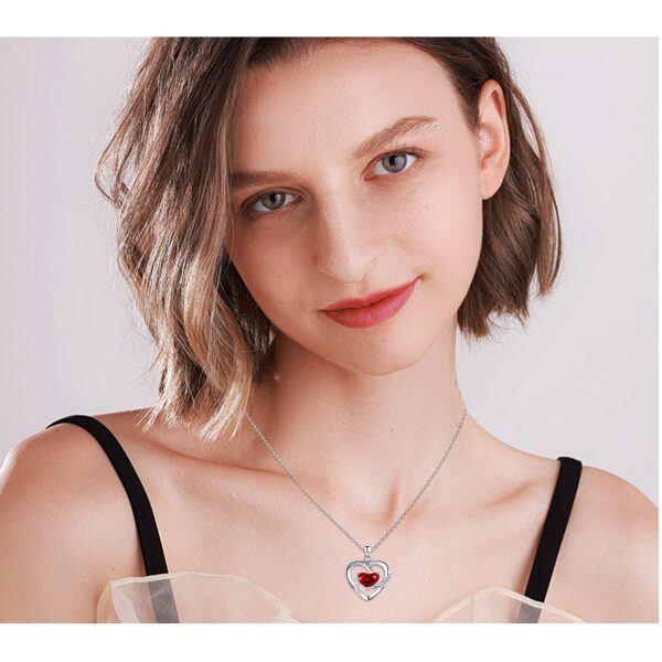 Sterling Silver Love Red Heart Pendant Necklace with January Birthstone-1