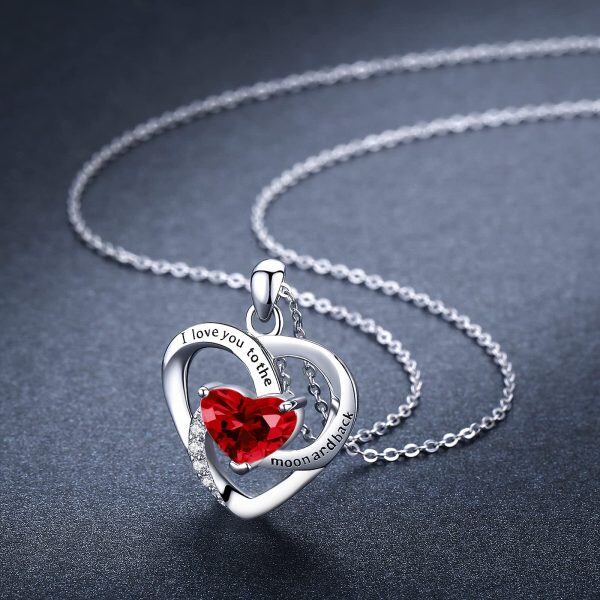 Sterling Silver Love Red Heart Pendant Necklace with January Birthstone-4