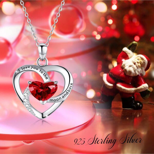 Sterling Silver Love Red Heart Pendant Necklace with January Birthstone-5