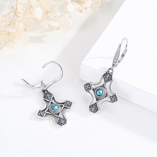 Sterling Silver Vintage CrossTurquoise Dangle Earrings-4