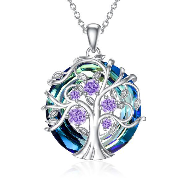 Sterling Silver Tree of Life June Birthstone Pendant Necklace with Crystal Circle-0