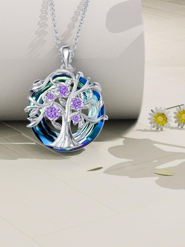 Sterling Silver Tree of Life June Birthstone Pendant Necklace with Crystal Circle-1