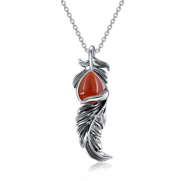 Sterling Silver Agate Feather Pendant Necklace-0