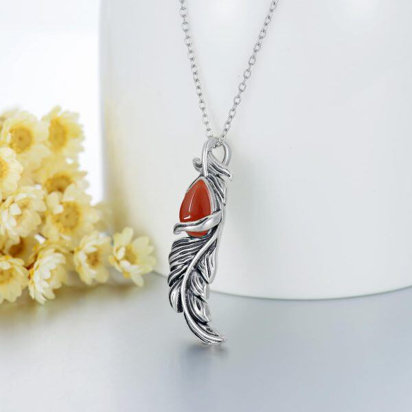 Sterling Silver Agate Feather Pendant Necklace-4