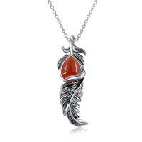 wholesale 925 Sterling Silver Carnelian Feather Pendant Necklace Boho Style Gemstone Jewelry for Women Gifts- Oxidized/Oxidised