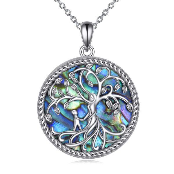 Sterling Silver Tree of Life & Mother Child Pendant Necklace with Abalone Shell-0