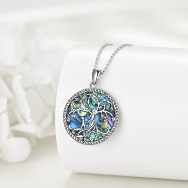 Sterling Silver Tree of Life & Mother Child Pendant Necklace with Abalone Shell-3