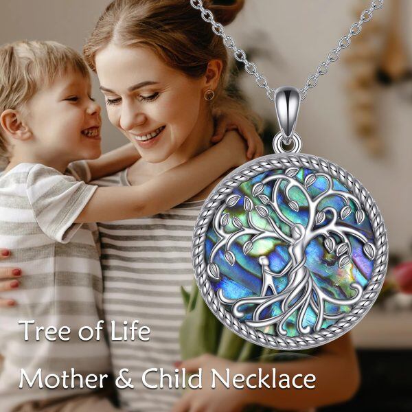 Sterling Silver Tree of Life & Mother Child Pendant Necklace with Abalone Shell-5