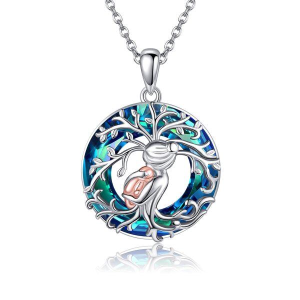 Sterling Silver Tree of Life & Mother Child Pendant Necklace with Crystal Circle-0