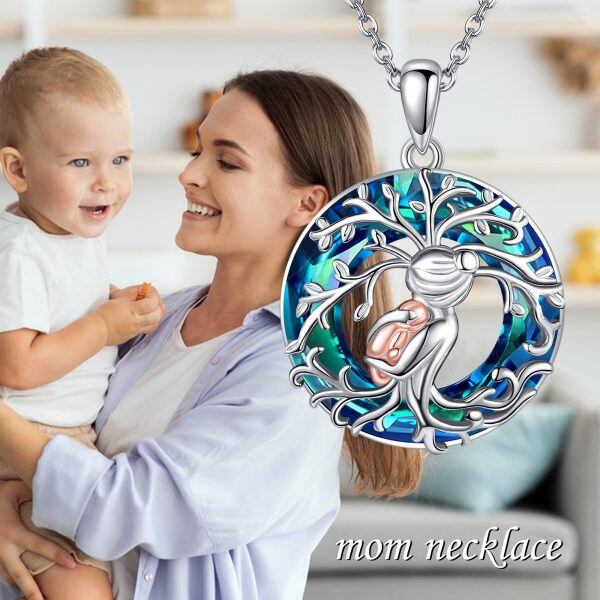 Sterling Silver Tree of Life & Mother Child Pendant Necklace with Crystal Circle-5