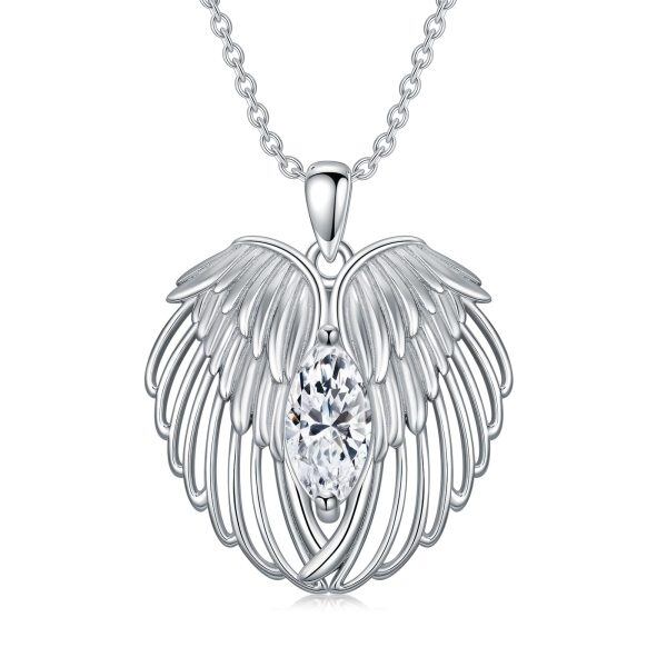 Sterling Silver Angel Wings Simulated Diamond Pendant Necklace with April Birthstone -0