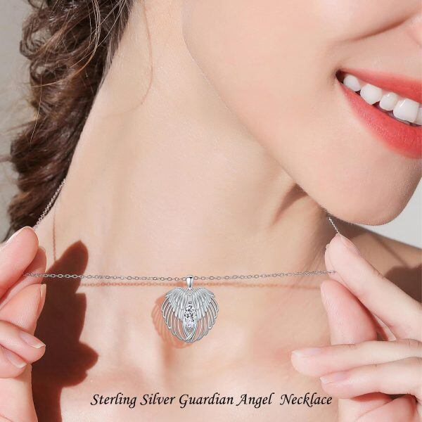 Sterling Silver Angel Wings Simulated Diamond Pendant Necklace with April Birthstone -2