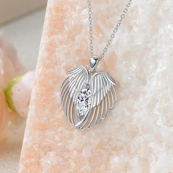 Sterling Silver Angel Wings Simulated Diamond Pendant Necklace with April Birthstone -5