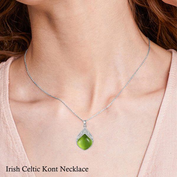 Sterling Silver Celtic Knot Green Peridot Teardrop Pendant Necklace-3