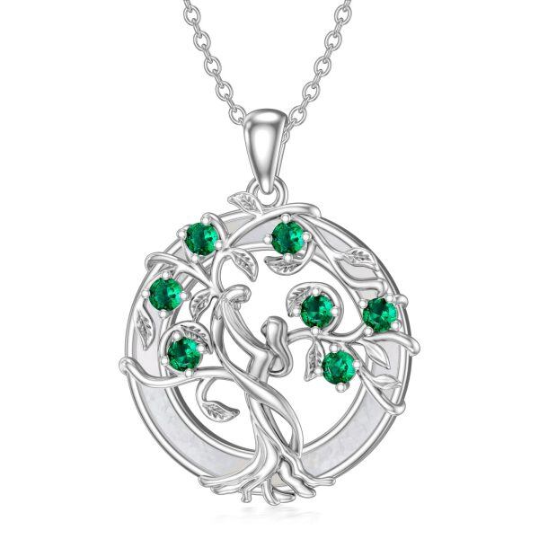 Sterling Silver Tree of Life & Mom Child Pendant Necklace with Mother of Pearl Circle-0