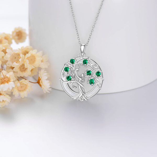 Sterling Silver Tree of Life & Mom Child Pendant Necklace with Mother of Pearl Circle-4