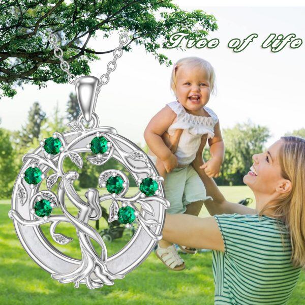 Sterling Silver Tree of Life & Mom Child Pendant Necklace with Mother of Pearl Circle-5