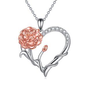 Sterling Silver Moissanite Carnation Flower Heart Pendant Necklace for Mom-0