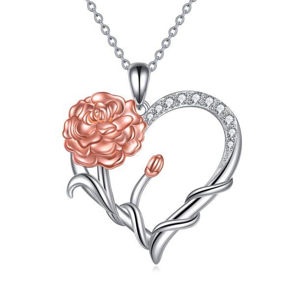 Sterling Silver Moissanite Carnation Flower Heart Pendant Necklace for Mom-0