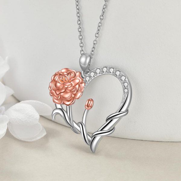 Sterling Silver Moissanite Carnation Flower Heart Pendant Necklace for Mom-3