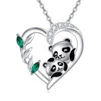 wholesale 925 Sterling Silver Heart-Shaped CZ Mother & Baby Panda Pendant Necklace for Women and Girls- Rhodium Plated