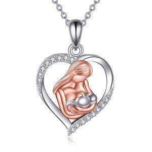 Sterling Silver Mother Child Heart Pendant Necklace for Mom-0