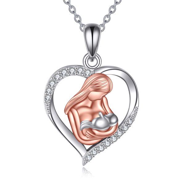 Sterling Silver Mother Child Heart Pendant Necklace for Mom-0