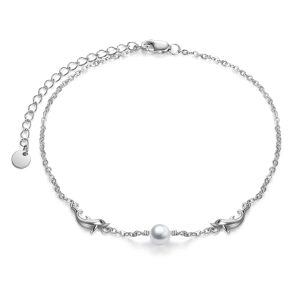 Sterling Silver Dolphin Pearl Ankle Bracelets-0