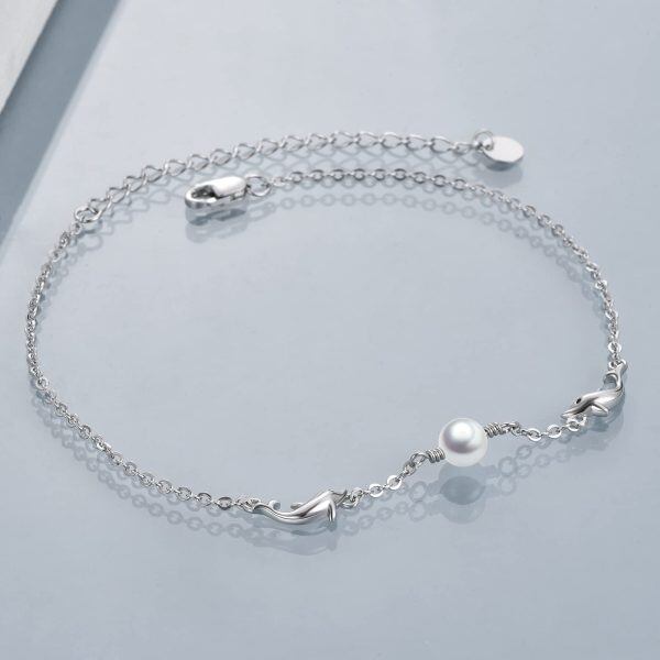 Sterling Silver Dolphin Pearl Ankle Bracelets-3