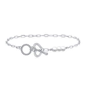 Sterling Silver Heart Pearl Chain Bracelets-0