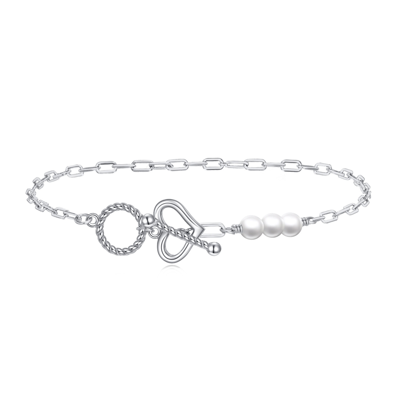 Sterling Silver Baroque Pearl Paperclip Bracelet Chunky Link Chain Dainty Handmade Jewelry for Women - Rhodium Plated- Rhodium Plated