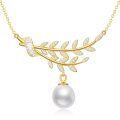 wholesale Gold 925 Sterling Silver Olive Leaf Pearl Pendant Necklace for Women - Natural Shell Bead Jewelry Peace Gift-0-0