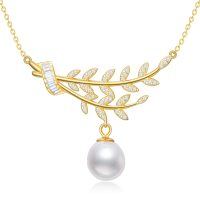 wholesale Gold 925 Sterling Silver Olive Leaf Pearl Pendant Necklace for Women - Natural Shell Bead Jewelry Peace Gift- Gold Plated