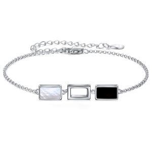 Sterling Silver Square Black and White Mother of Pearl Chain Bracelets-0