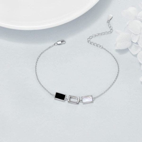 Sterling Silver Square Black and White Mother of Pearl Chain Bracelets-4