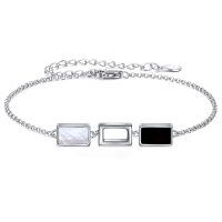 wholesale 925 Sterling Silver Rectangle Black & White Shell Charm Link Bracelet- Rhodium Plated