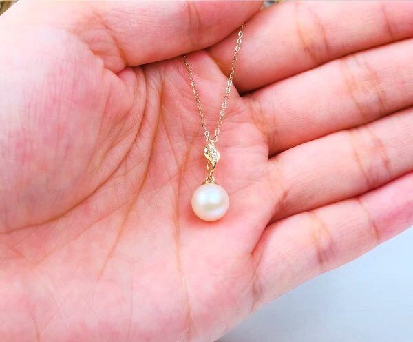 14K Solid Gold Freshwater Cultured Pearl Pendant Necklace-3