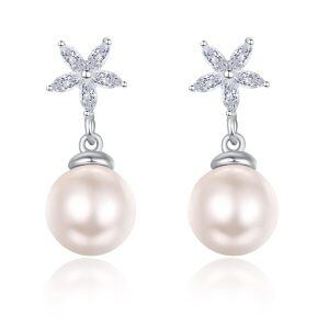 Sterling Silver Cultured Freshwater Pearl Drop Earrings with Cubic Zirconia Flower-0