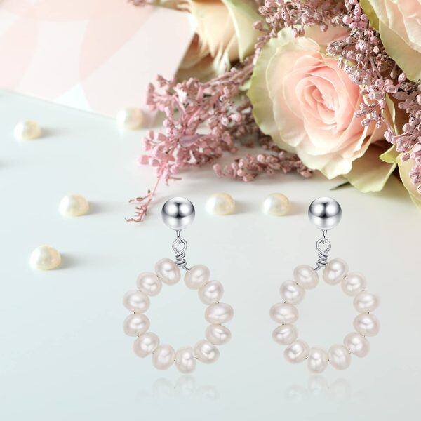 Sterling Silver Freshwater Multi-pearl Circle Drop Earrings-5