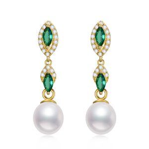 Sterling Silver Freshwater Pearl Drop Earrings with Green Zircons-0