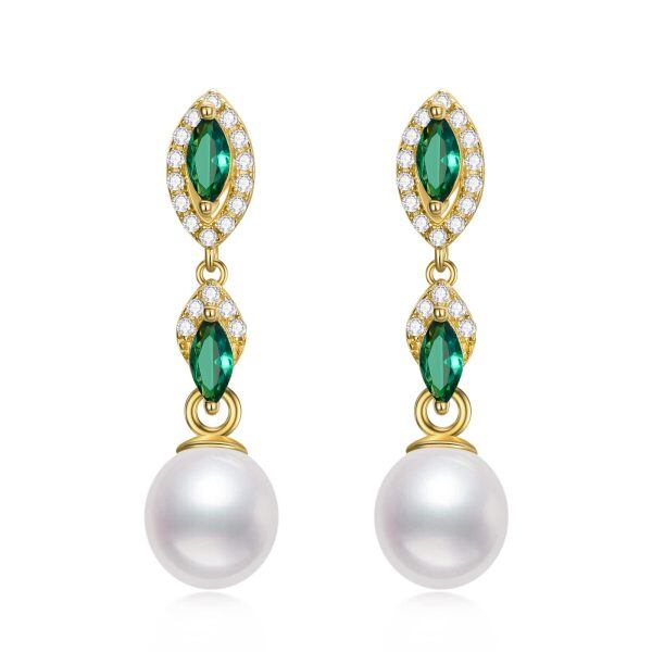 Sterling Silver Freshwater Pearl Drop Earrings with Green Zircons-0