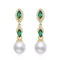 wholesale Gold-Plated 925 Sterling Silver Emerald & White Pearl Drop Earrings for Women-0-0