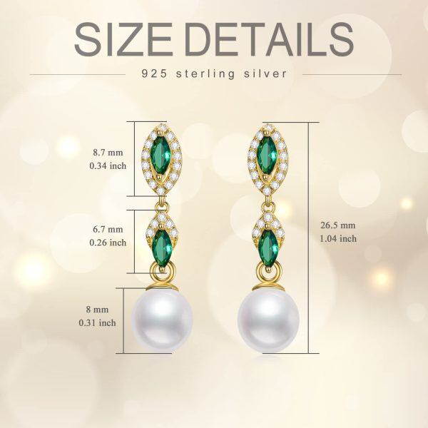 Sterling Silver Freshwater Pearl Drop Earrings with Green Zircons-1