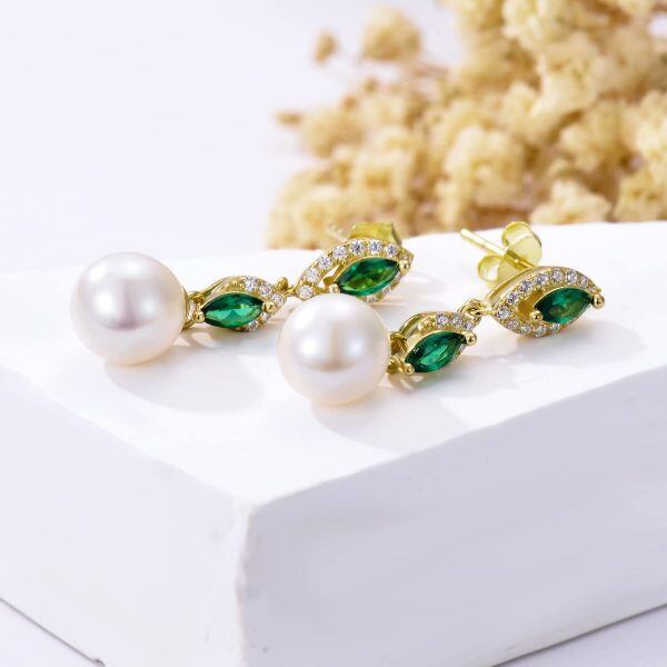 Sterling Silver Freshwater Pearl Drop Earrings with Green Zircons-4