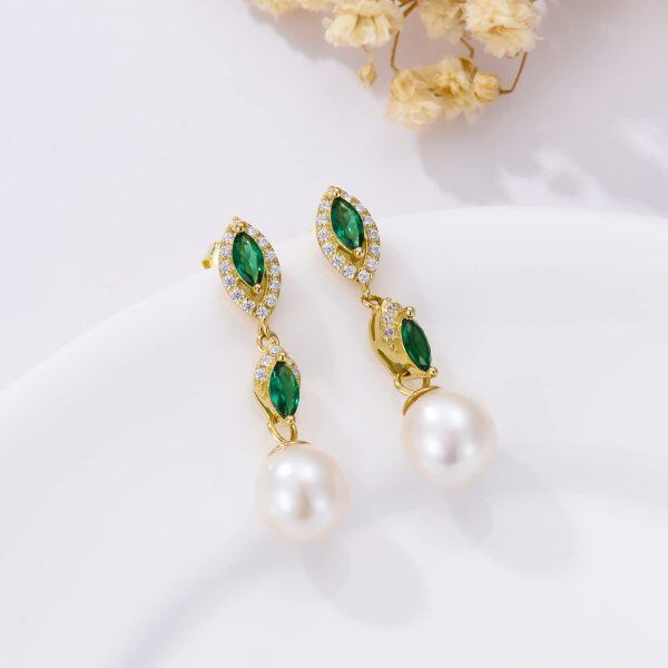 Sterling Silver Freshwater Pearl Drop Earrings with Green Zircons-5