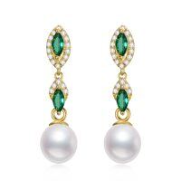 wholesale Gold-Plated 925 Sterling Silver Emerald & White Pearl Drop Earrings for Women- Gold Plated